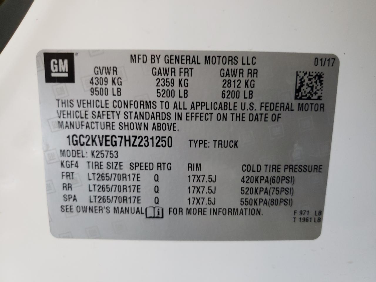 2017 Chevrolet Silverado K2500 Heavy Duty Lt VIN: 1GC2KVEG7HZ231250 Lot: 80325495