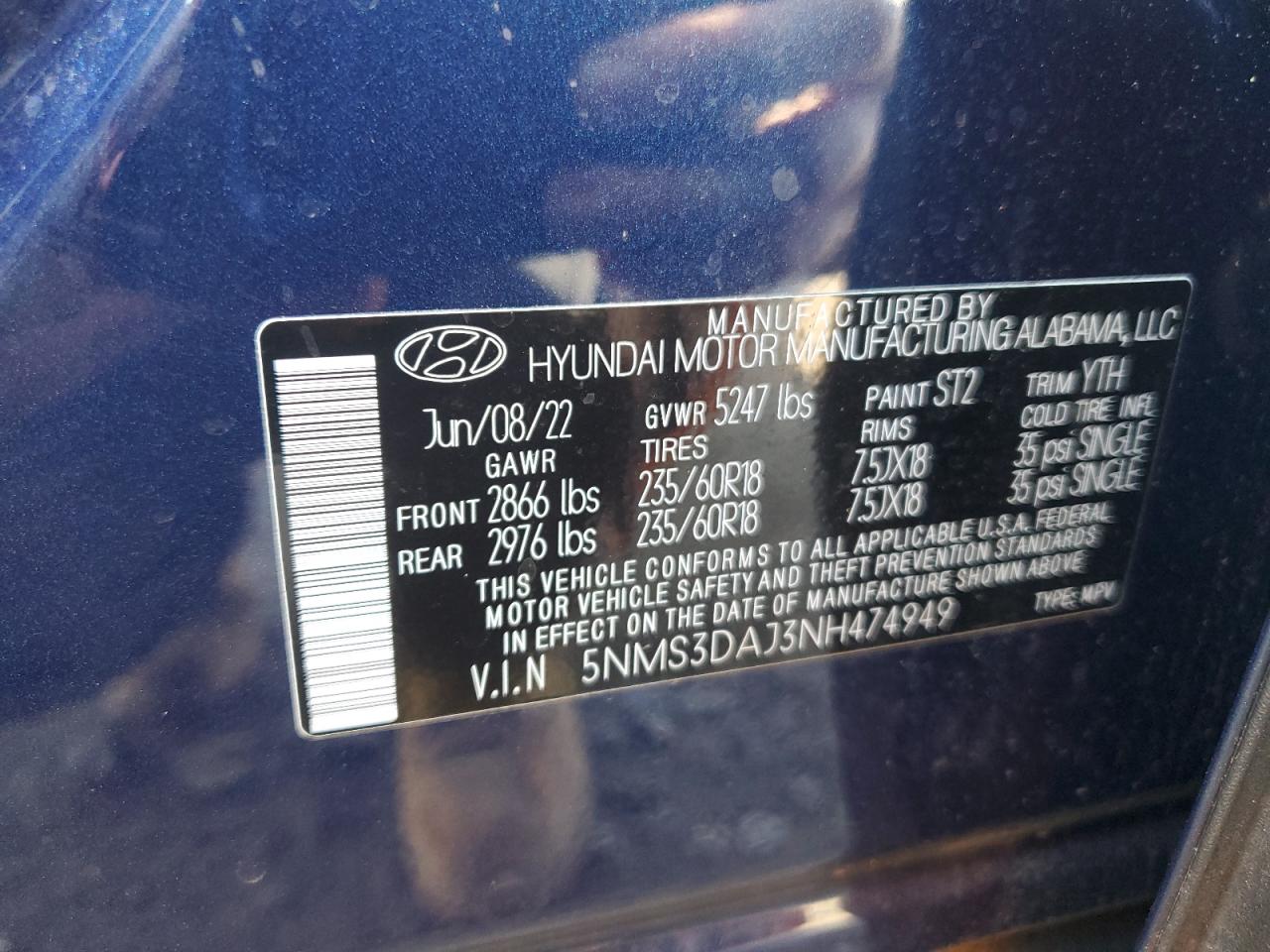 2022 Hyundai Santa Fe Sel VIN: 5NMS3DAJ3NH474949 Lot: 71428995