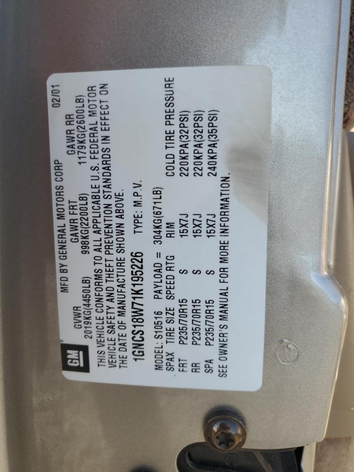 2001 Chevrolet Blazer VIN: 1GNCS18W71K195226 Lot: 80637455