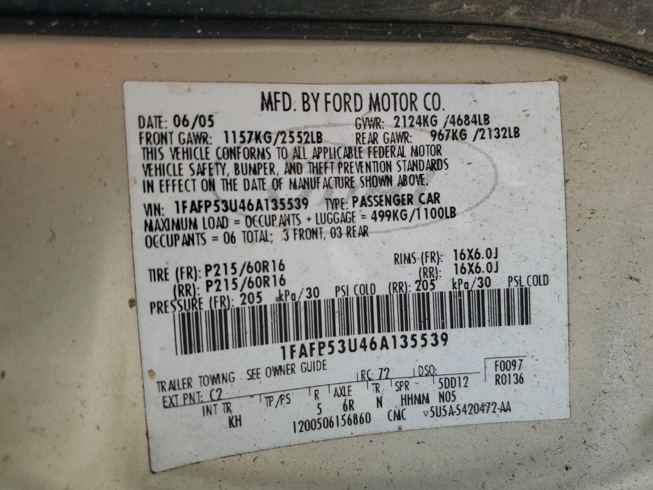 2006 Ford Taurus Se VIN: 1FAFP53U46A135539 Lot: 80644125