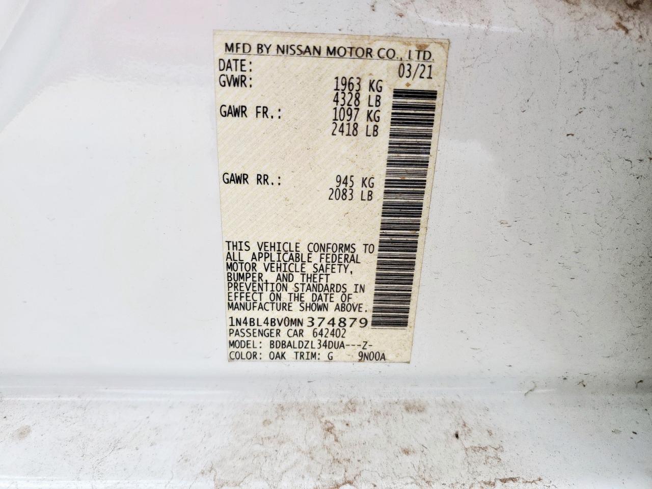 2021 Nissan Altima S VIN: 1N4BL4BV0MN374879 Lot: 81925835