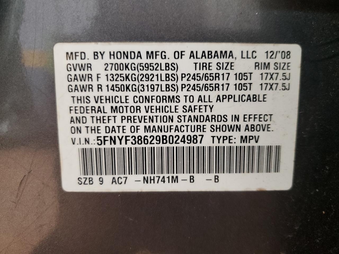 2009 Honda Pilot Exl VIN: 5FNYF38629B024987 Lot: 81564835