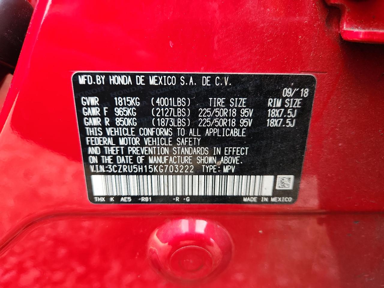 2019 Honda Hr-V Sport VIN: 3CZRU5H15KG703222 Lot: 80482895