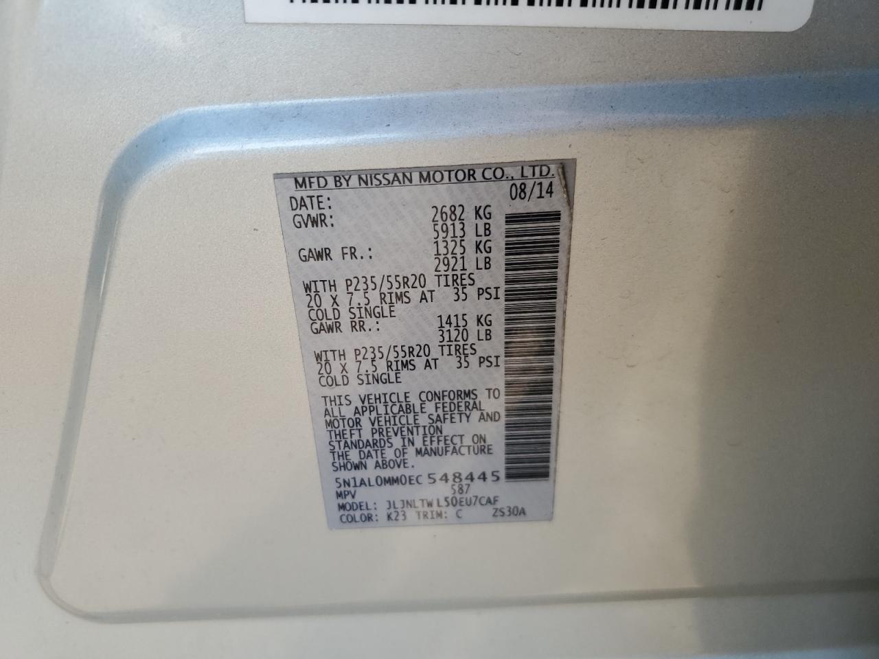 2014 Infiniti Qx60 VIN: 5N1AL0MM0EC548445 Lot: 81002555