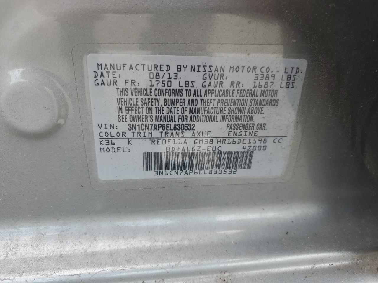 2014 Nissan Versa S VIN: 3N1CN7AP6EL830532 Lot: 84217145