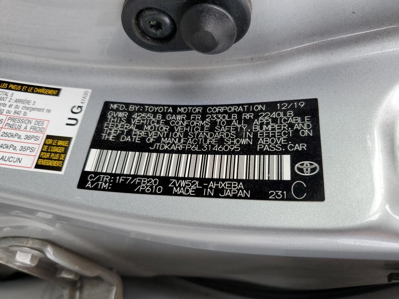 2020 Toyota Prius Prime Le VIN: JTDKARFP6L3146095 Lot: 71059215