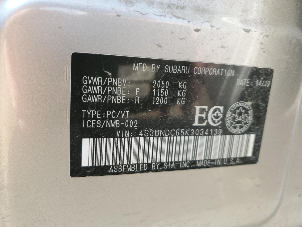 2019 Subaru Legacy 2.5I Premium VIN: 4S3BNDG65K3034139 Lot: 80435725