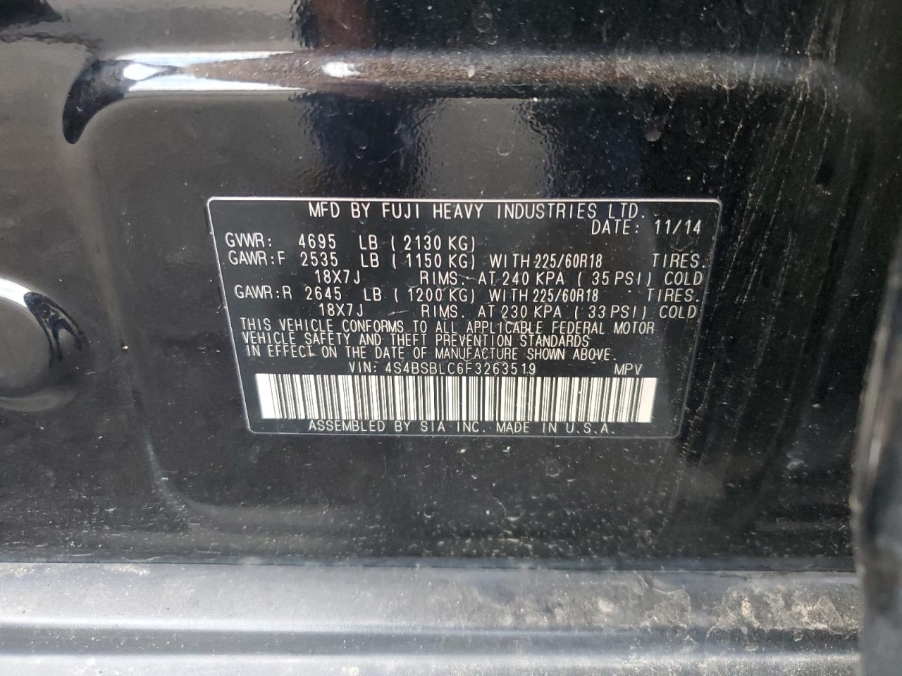 2015 Subaru Outback 2.5I Limited VIN: 4S4BSBLC6F3263519 Lot: 80560225