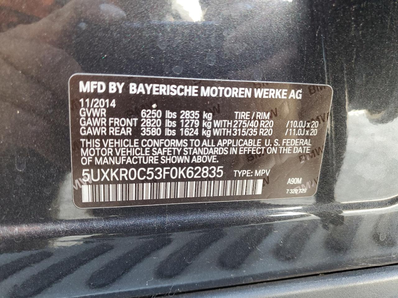 2015 BMW X5 xDrive35I VIN: 5UXKR0C53F0K62835 Lot: 68963265