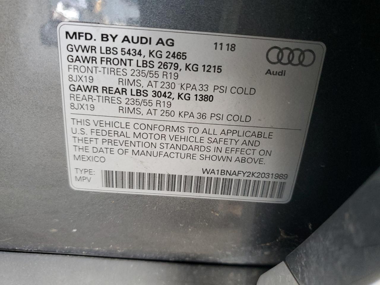 2019 Audi Q5 Premium Plus VIN: WA1BNAFY2K2031989 Lot: 71247365