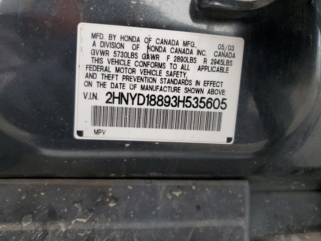 2003 Acura Mdx Touring VIN: 2HNYD18893H535605 Lot: 83959865
