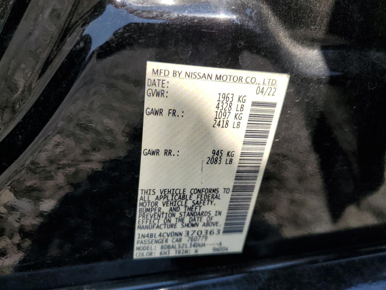 2022 Nissan Altima Sr VIN: 1N4BL4CV0NN370363 Lot: 80179305