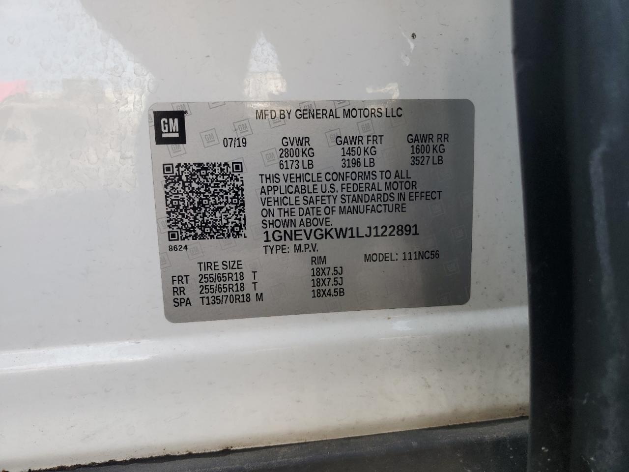 2020 Chevrolet Traverse Lt VIN: 1GNEVGKW1LJ122891 Lot: 81687945