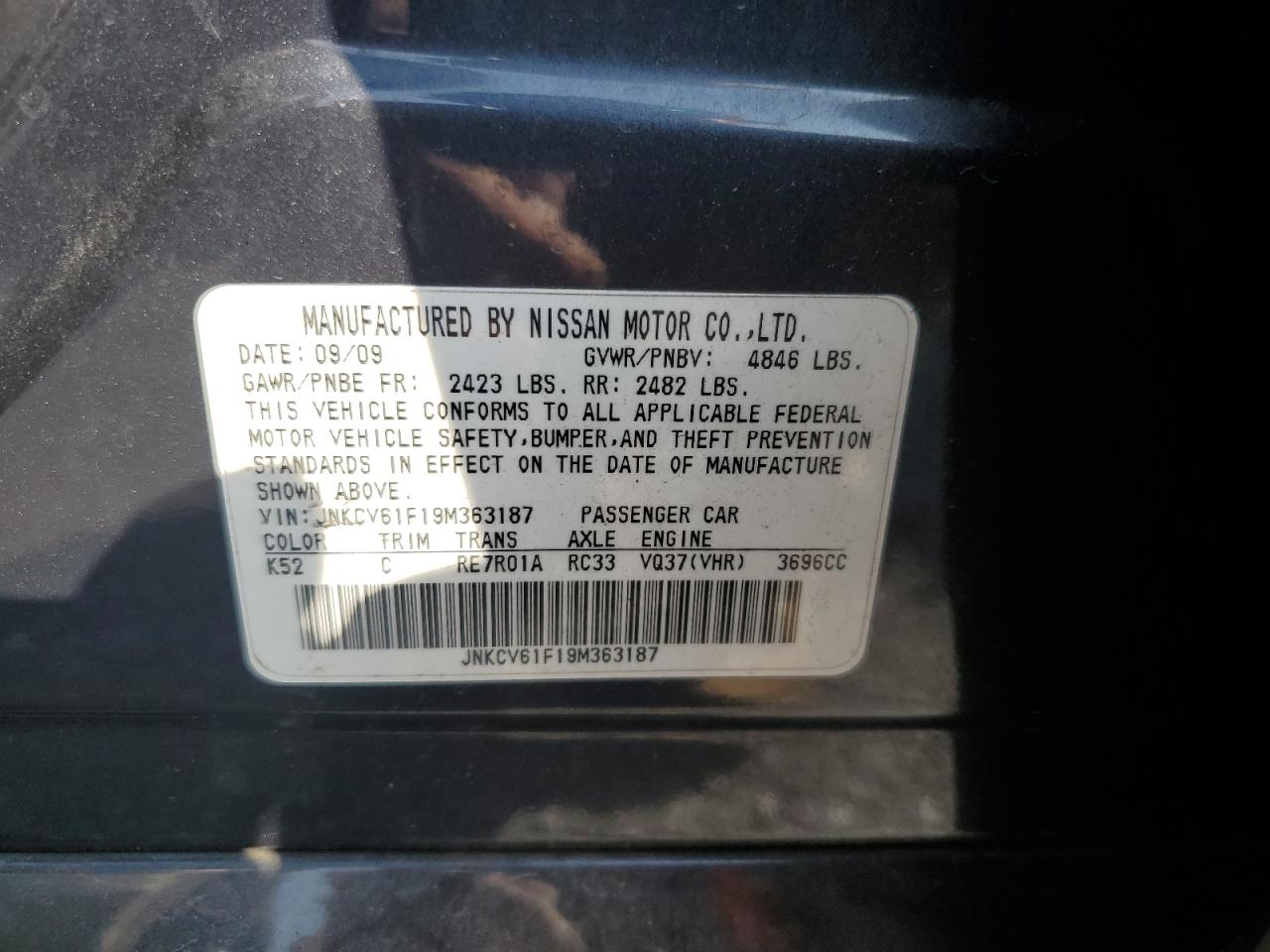 2009 Infiniti G37 VIN: JNKCV61F19M363187 Lot: 80103815