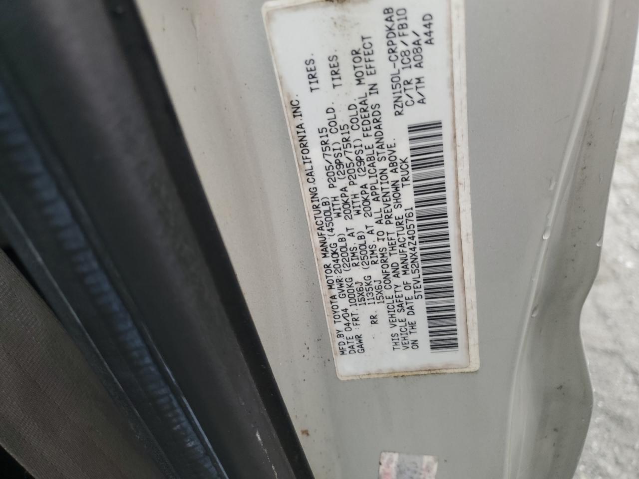 2004 Toyota Tacoma Xtracab VIN: 5TEVL52NX4Z405761 Lot: 81811315