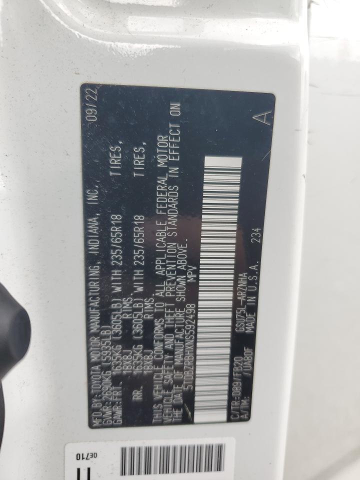 2022 Toyota Highlander L VIN: 5TDBZRBHXNS592498 Lot: 80610755