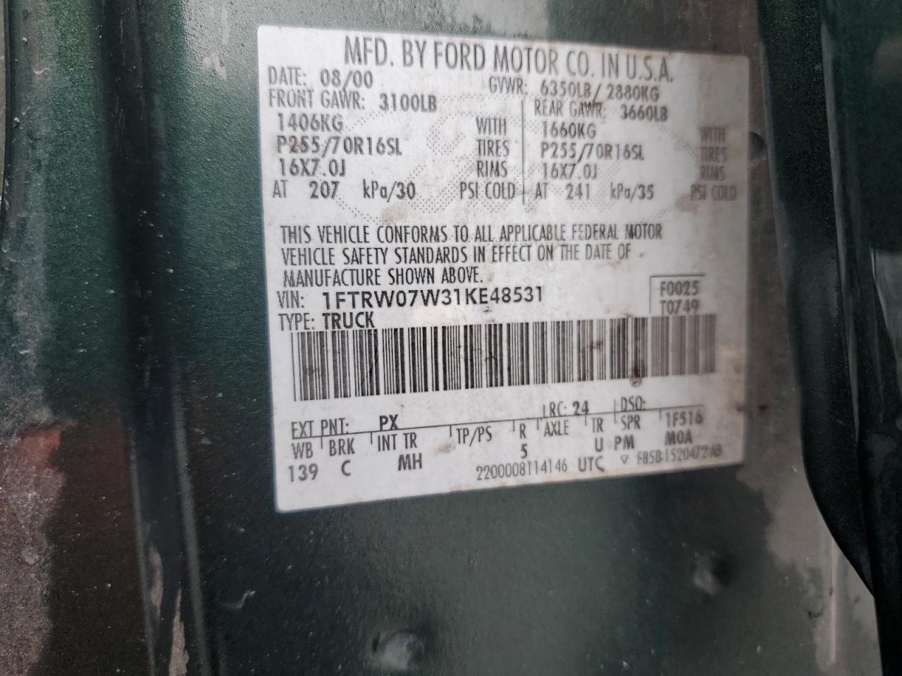 2001 Ford F150 Supercrew VIN: 1FTRW07W31KE48531 Lot: 71667765