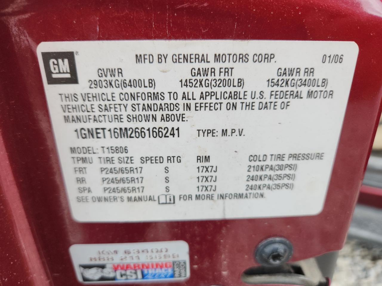 2006 Chevrolet Trailblazer Ext Ls VIN: 1GNET16M266166241 Lot: 82099165
