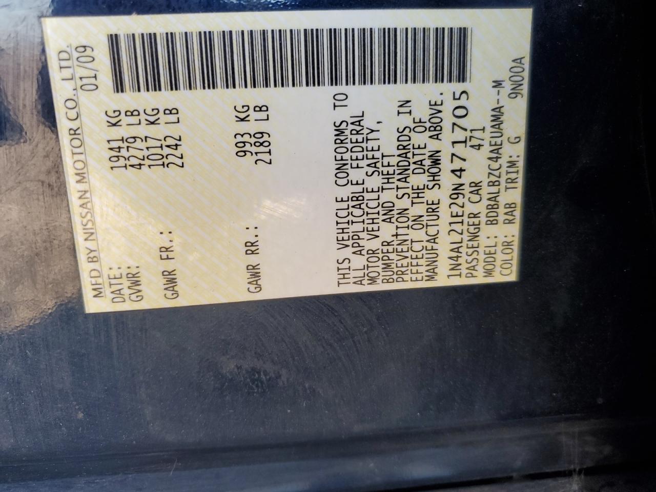 2009 Nissan Altima 2.5 VIN: 1N4AL21E29N471705 Lot: 81248505