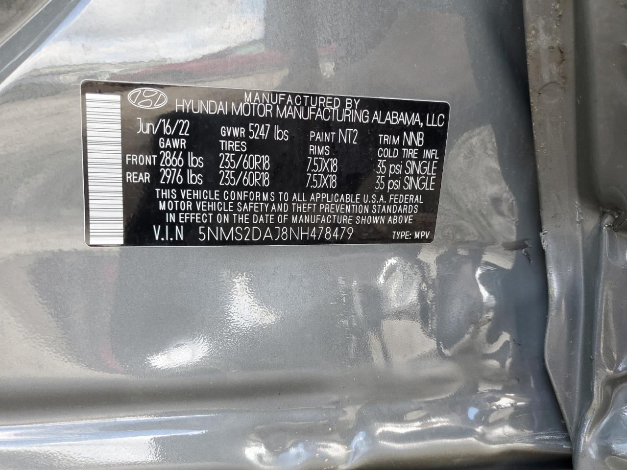 2022 Hyundai Santa Fe Sel VIN: 5NMS2DAJ8NH478479 Lot: 71553505