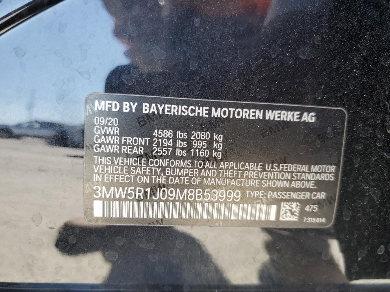 2021 BMW 330I VIN: 3MW5R1J09M8B53999 Lot: 80170605