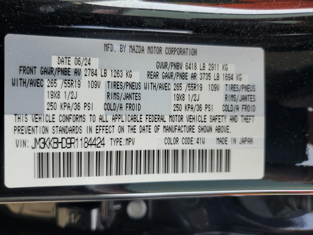 2024 Mazda Cx-90 Preferred VIN: JM3KKBHD9R1184424 Lot: 80028045