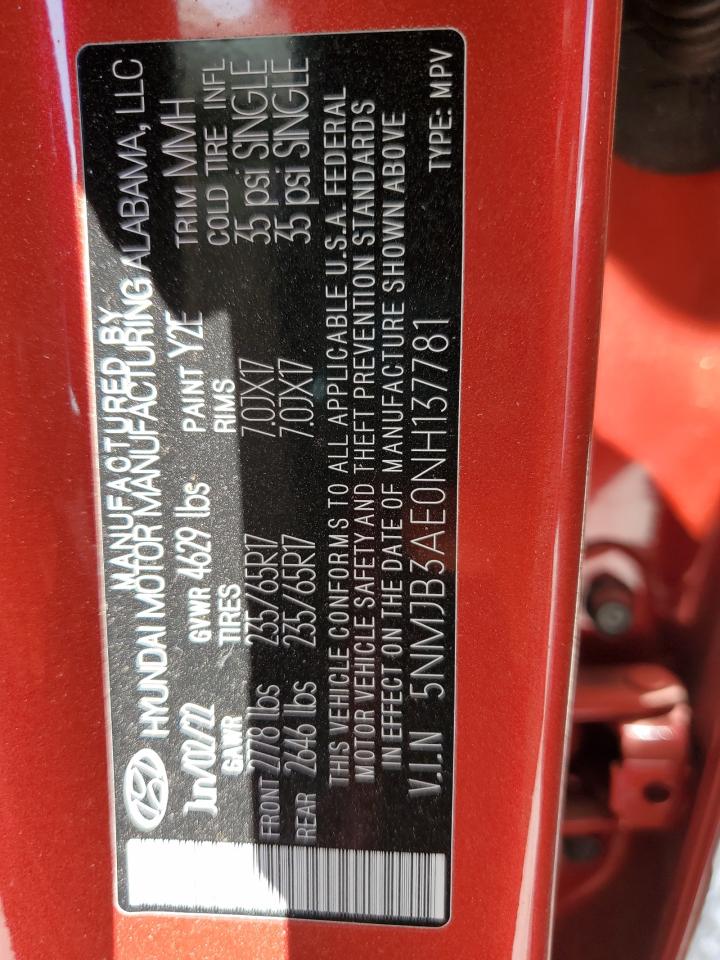 2022 Hyundai Tucson Sel VIN: 5NMJB3AE0NH137781 Lot: 71326295