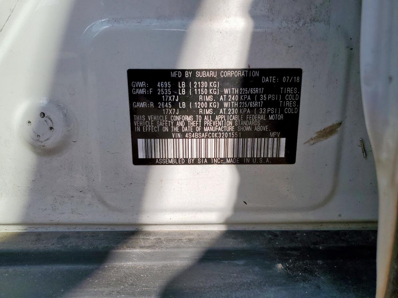 2019 Subaru Outback 2.5I Premium VIN: 4S4BSAFC0K3201551 Lot: 70367165