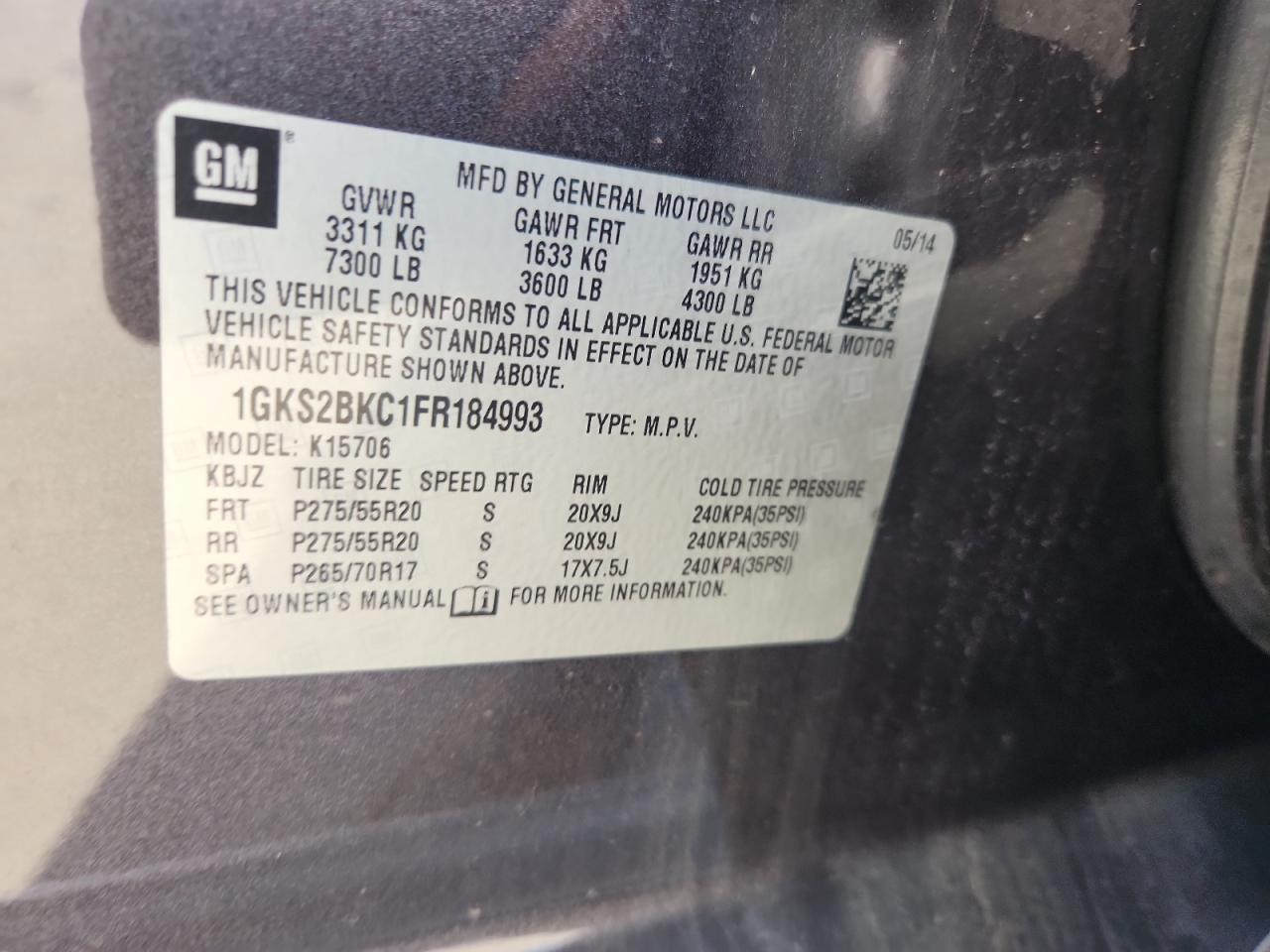 2015 GMC Yukon Slt VIN: 1GKS2BKC1FR184993 Lot: 82099835