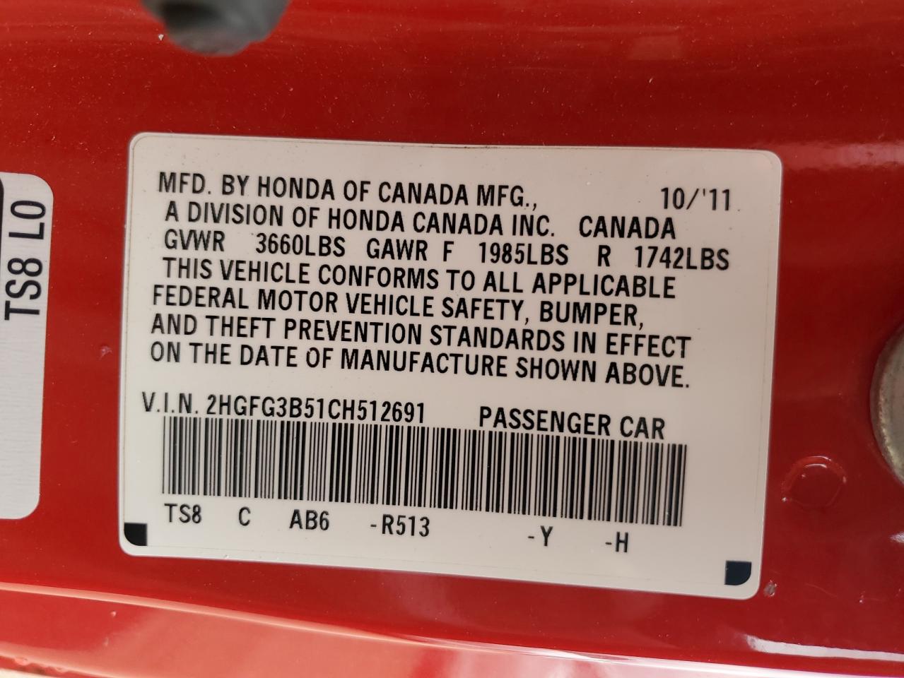 2012 Honda Civic Lx VIN: 2HGFG3B51CH512691 Lot: 71299925