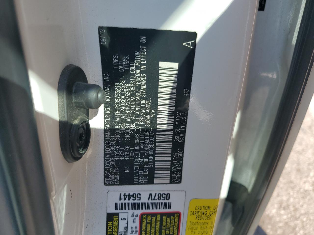 2013 Toyota Sienna Xle VIN: 5TDDK3DC3DS070774 Lot: 81805885