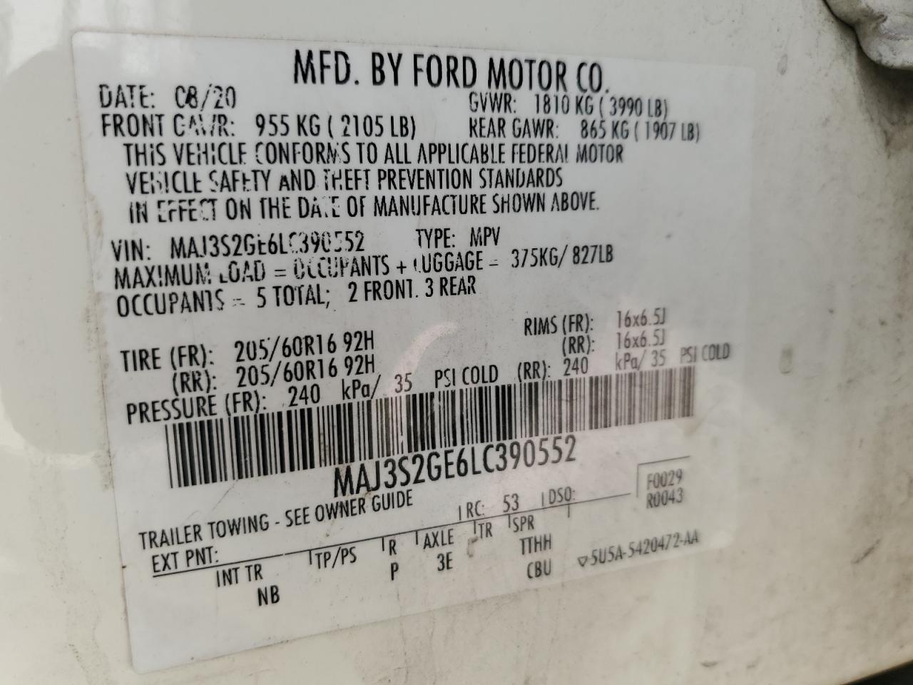 2020 Ford Ecosport Se VIN: MAJ3S2GE6LC390552 Lot: 80930445