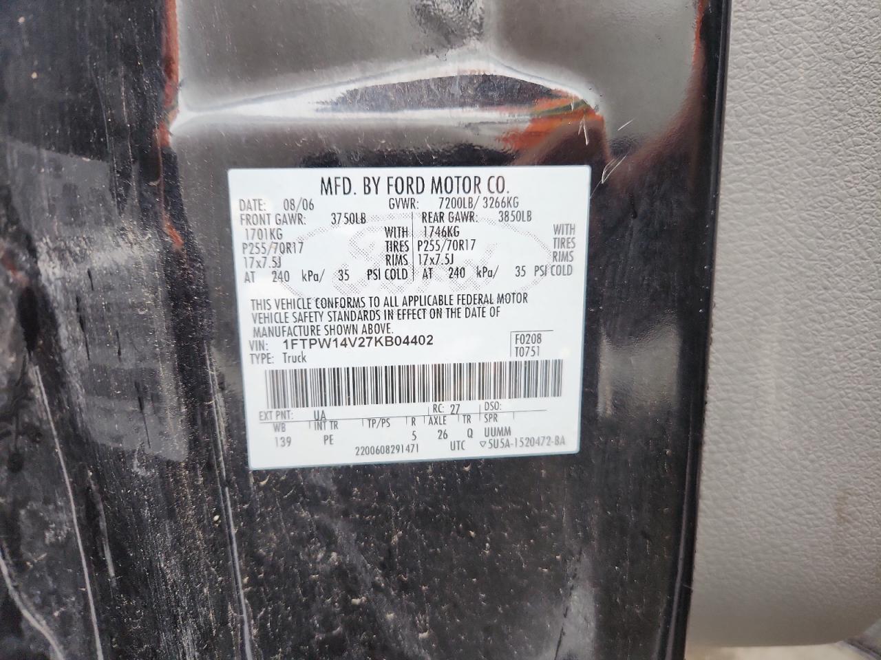 2007 Ford F150 Supercrew VIN: 1FTPW14V27KB04402 Lot: 82120385