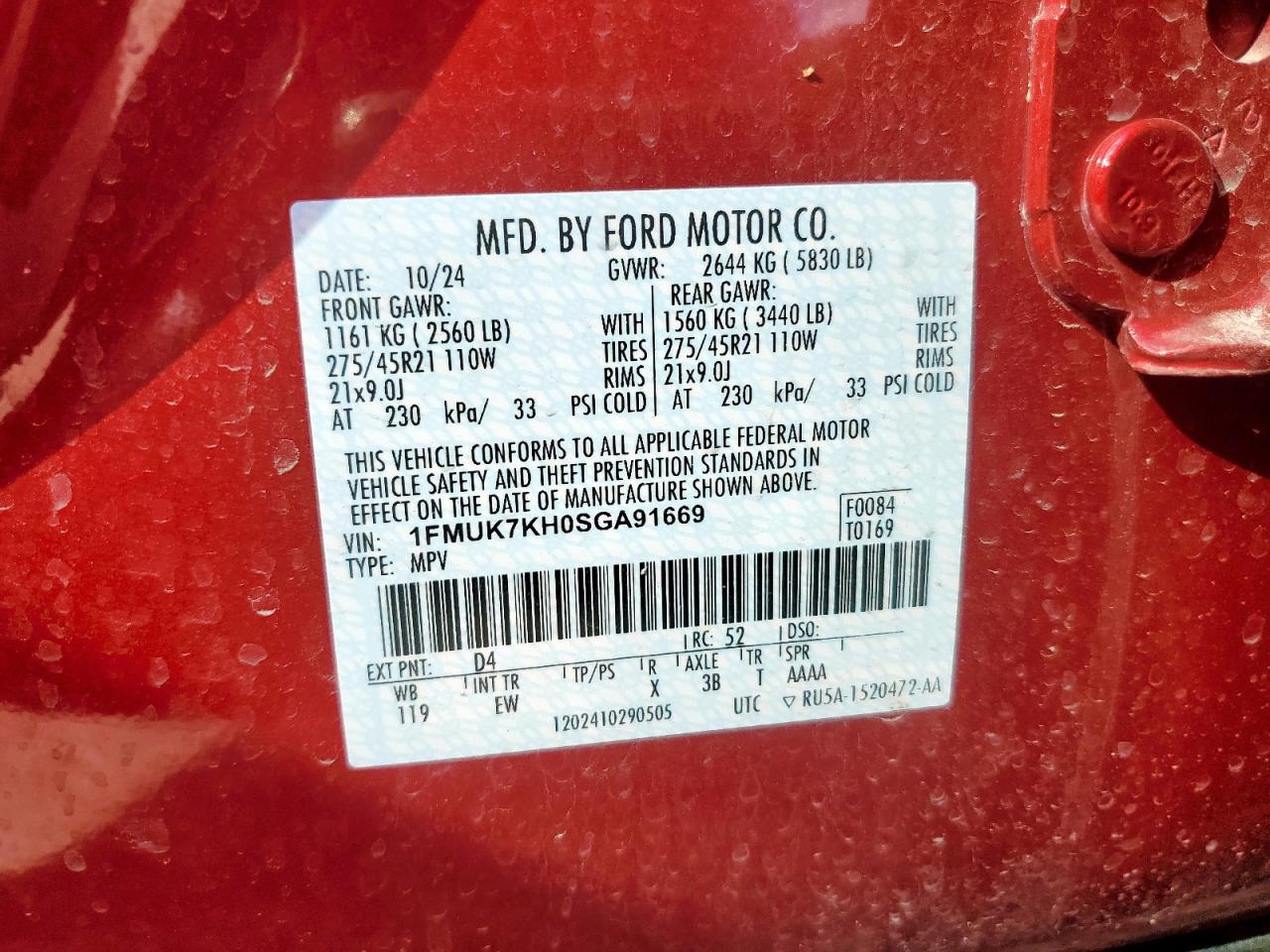 2025 Ford Explorer St-Line VIN: 1FMUK7KH0SGA91669 Lot: 72014705