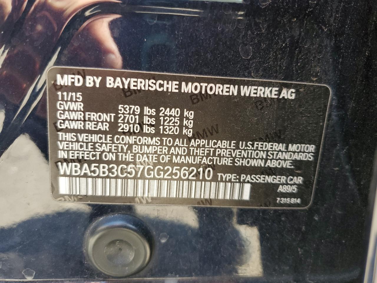 2016 BMW 535 Xi VIN: WBA5B3C57GG256210 Lot: 71300555