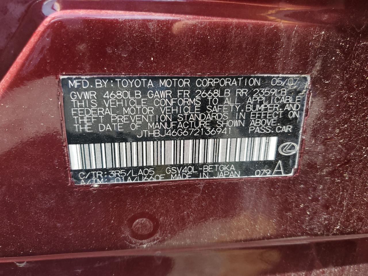 2007 Lexus Es 350 VIN: JTHBJ46G672136941 Lot: 80367065