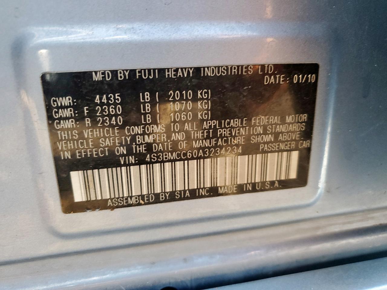 2010 Subaru Legacy 2.5I Premium VIN: 4S3BMCC60A3234234 Lot: 80170405