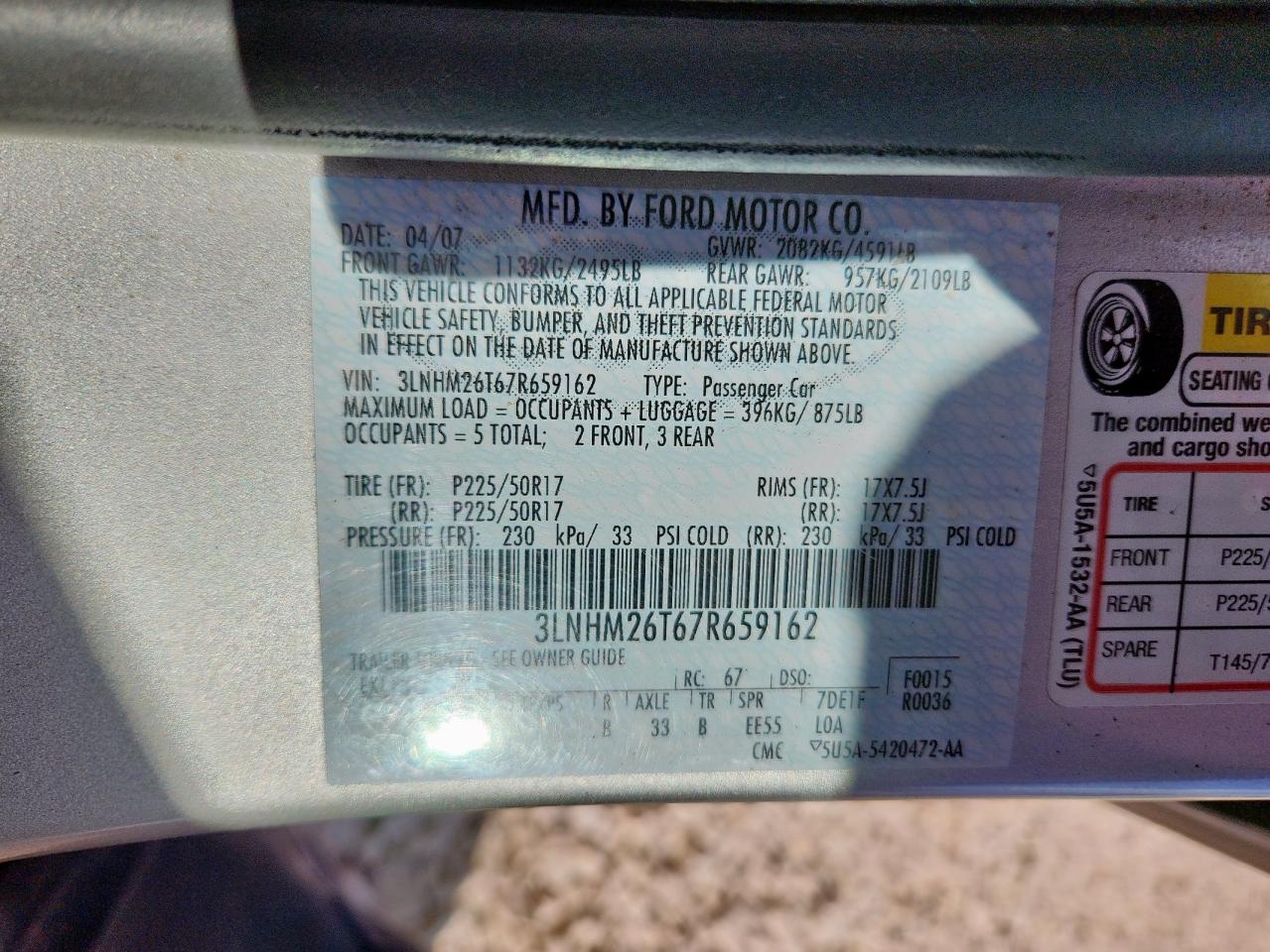 2007 Lincoln Mkz VIN: 3LNHM26T67R659162 Lot: 83788505