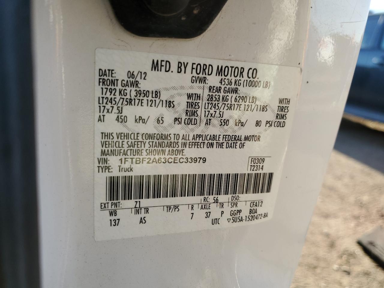 2012 Ford F250 Super Duty VIN: 1FTBF2A63CEC33979 Lot: 83959665