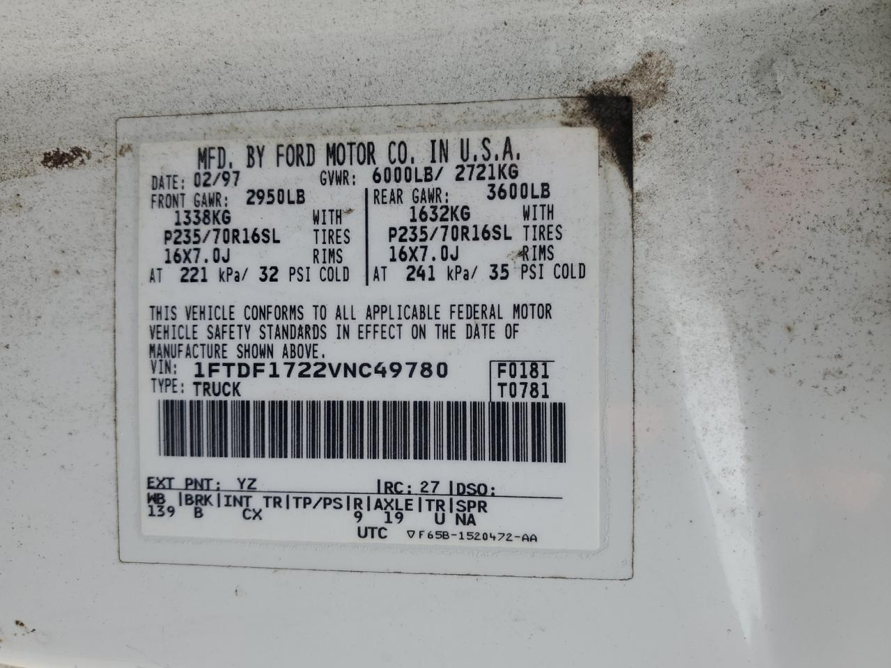 1997 Ford F150 VIN: 1FTDF1722VNC49780 Lot: 71014905