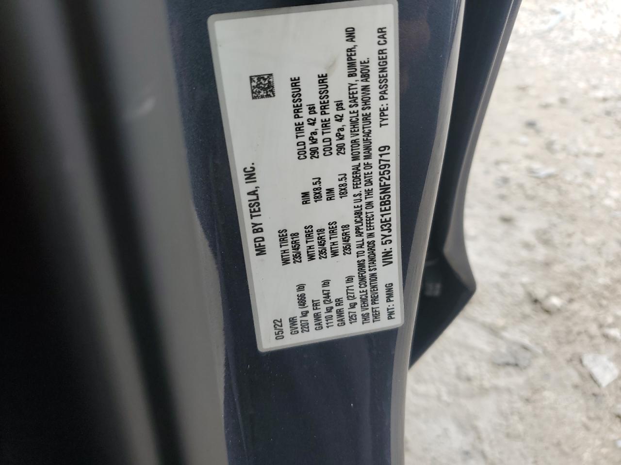 2022 Tesla Model 3 VIN: 5YJ3E1EB5NF259719 Lot: 80764085