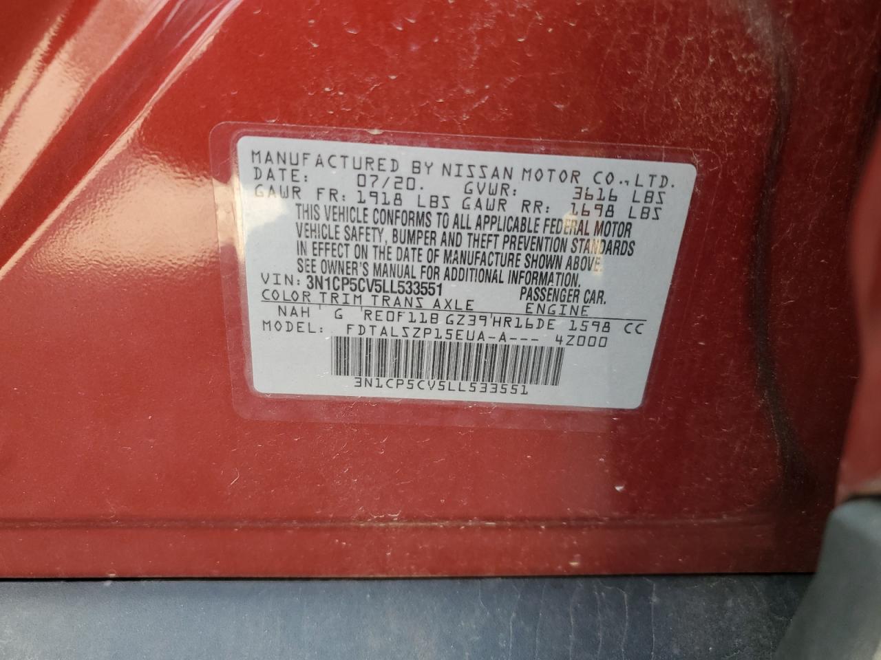 2020 Nissan Kicks Sv VIN: 3N1CP5CV5LL533551 Lot: 81006305