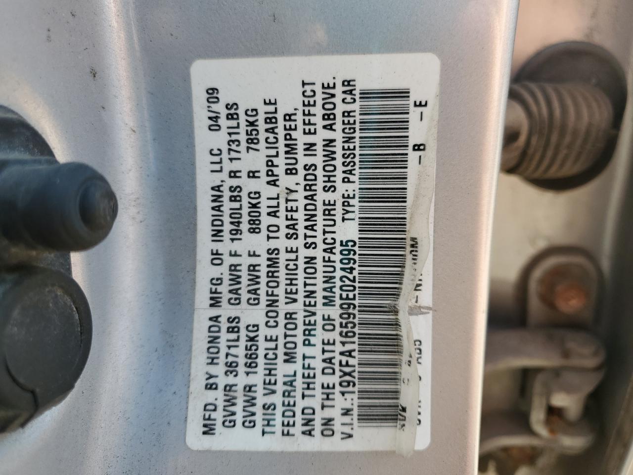 2009 Honda Civic Lx VIN: 19XFA16599E024995 Lot: 71721445