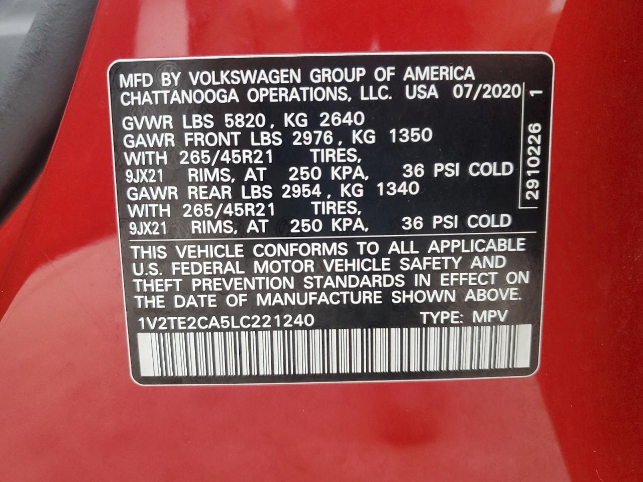 2020 Volkswagen Atlas Cross Sport Sel Premium R-Line VIN: 1V2TE2CA5LC221240 Lot: 82146835