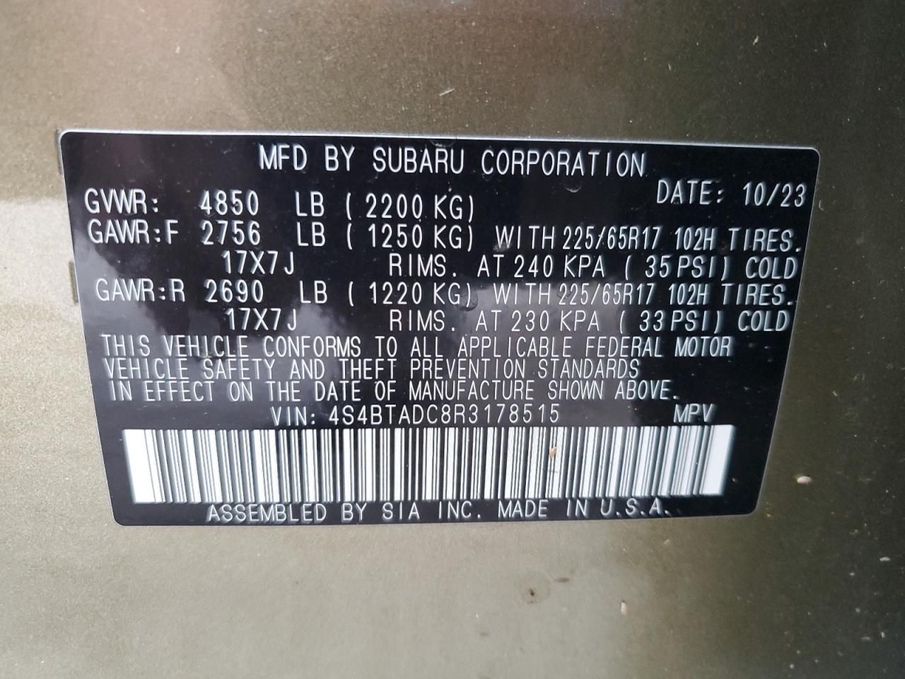 2024 Subaru Outback Premium VIN: 4S4BTADC8R3178515 Lot: 81848615