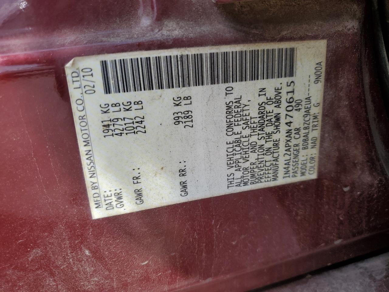 2010 Nissan Altima Base VIN: 1N4AL2APXAN470615 Lot: 70672435