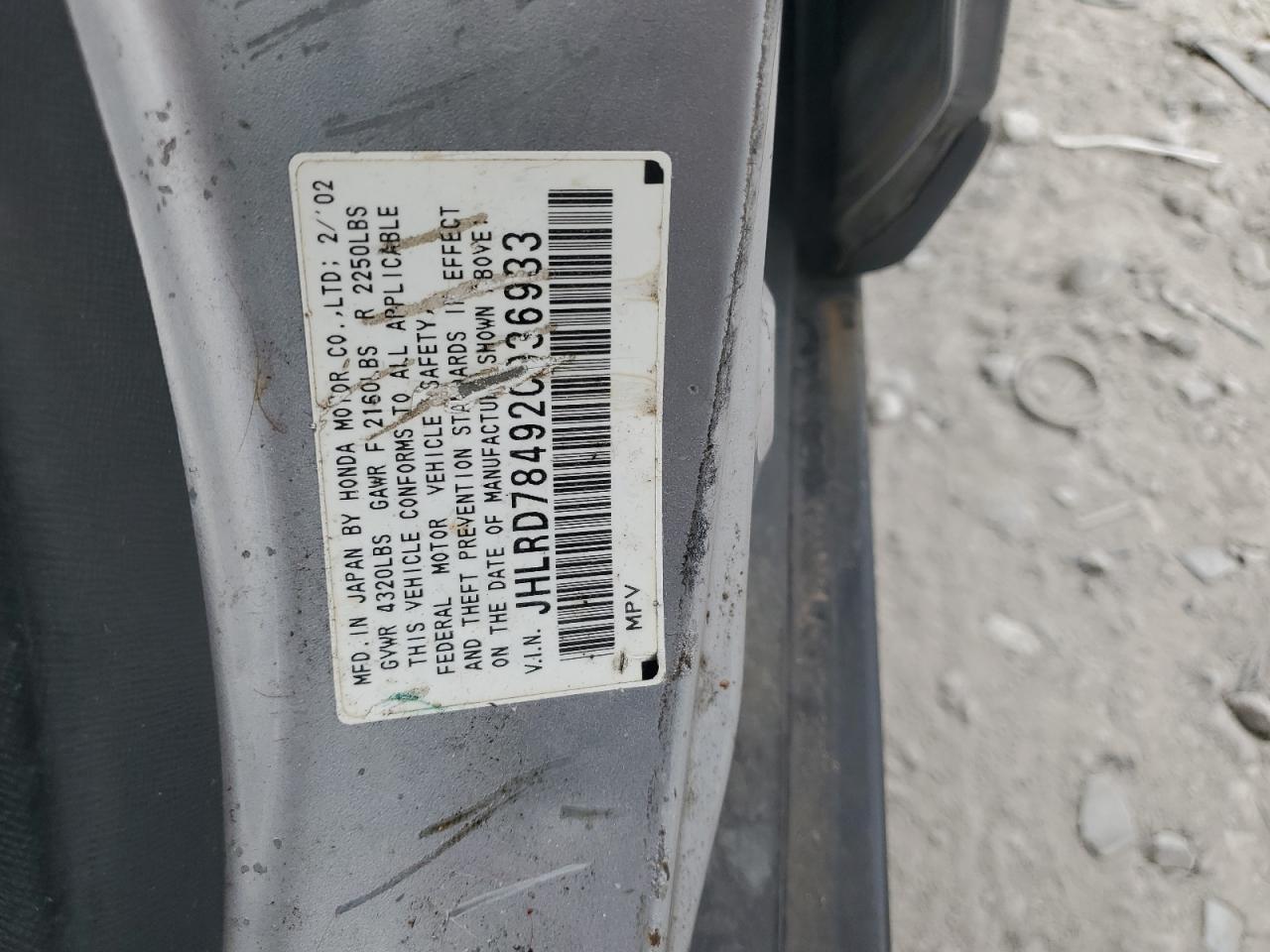 2002 Honda Cr-V Lx VIN: JHLRD78492C036933 Lot: 71416035