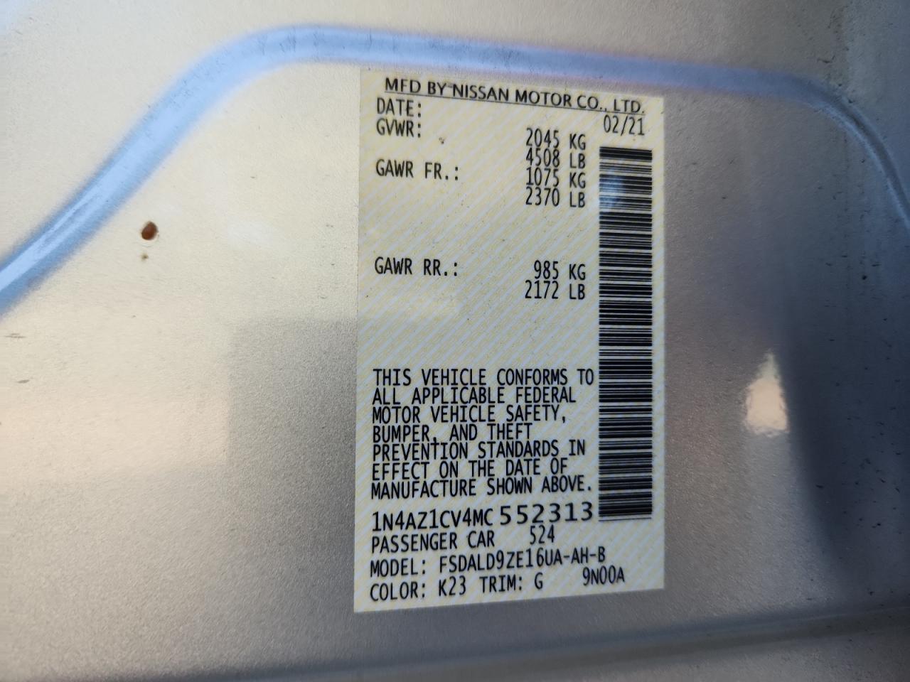 2021 Nissan Leaf Sv VIN: 1N4AZ1CV4MC552313 Lot: 70804955