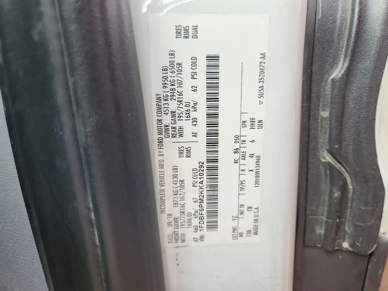 2019 Ford Transit T-350 Hd VIN: 1FDBF6PM2KKA10292 Lot: 69921715