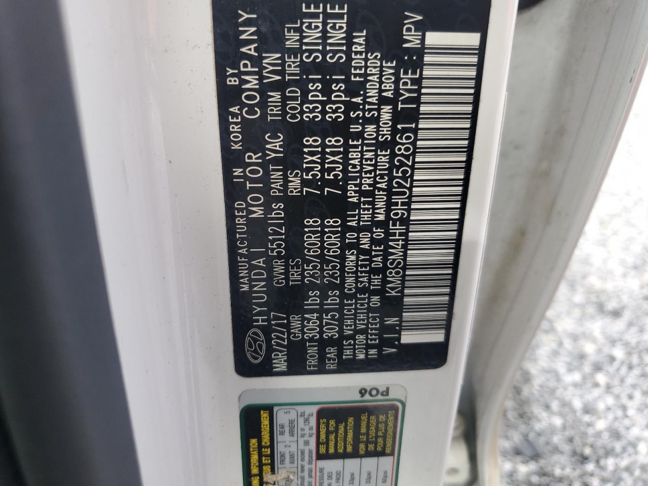 2017 Hyundai Santa Fe Se VIN: KM8SM4HF9HU252861 Lot: 84785695